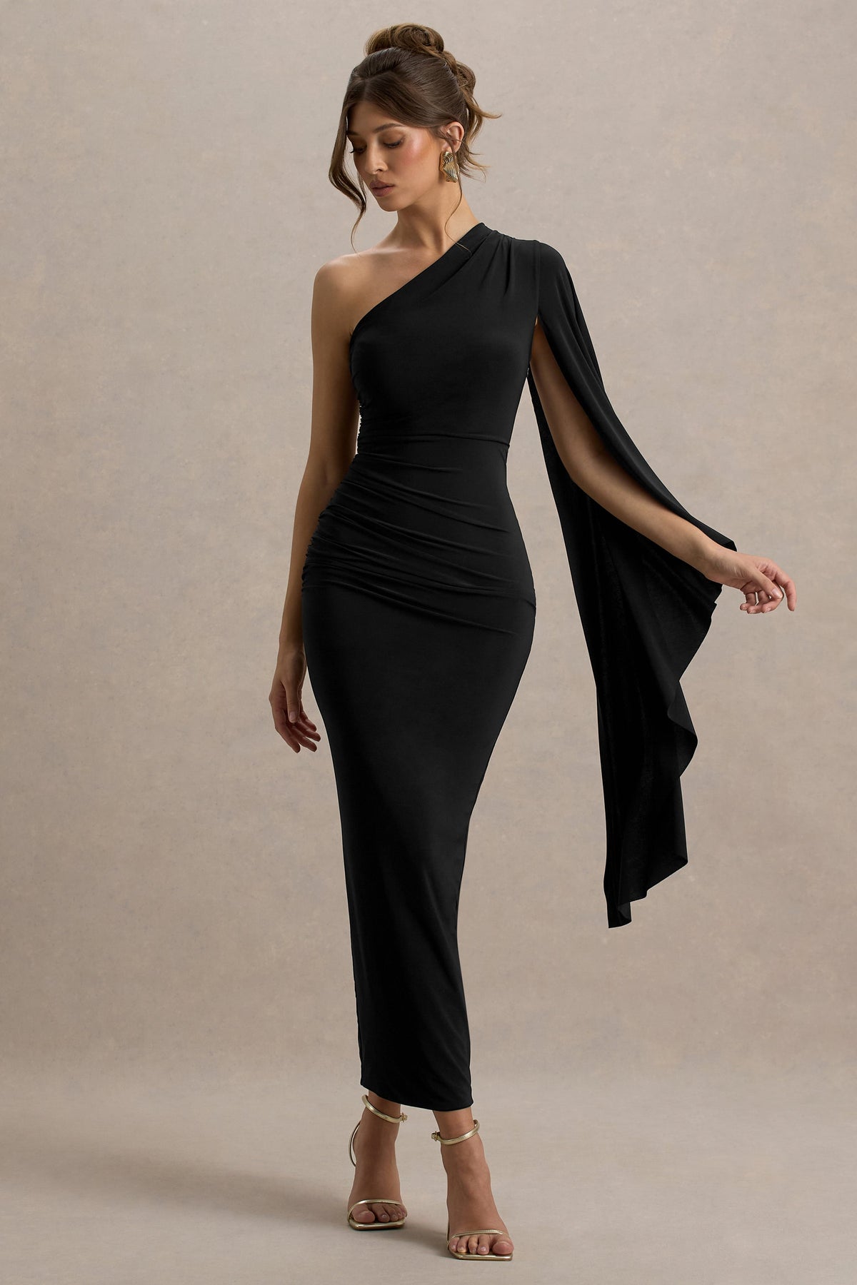 Clementina | Black Asymmetric Cape Sleeve Maxi Dress