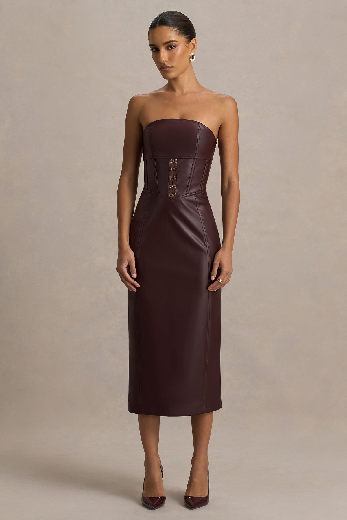 Zola | Burgundy Faux Leather Bandeau Midi Dress