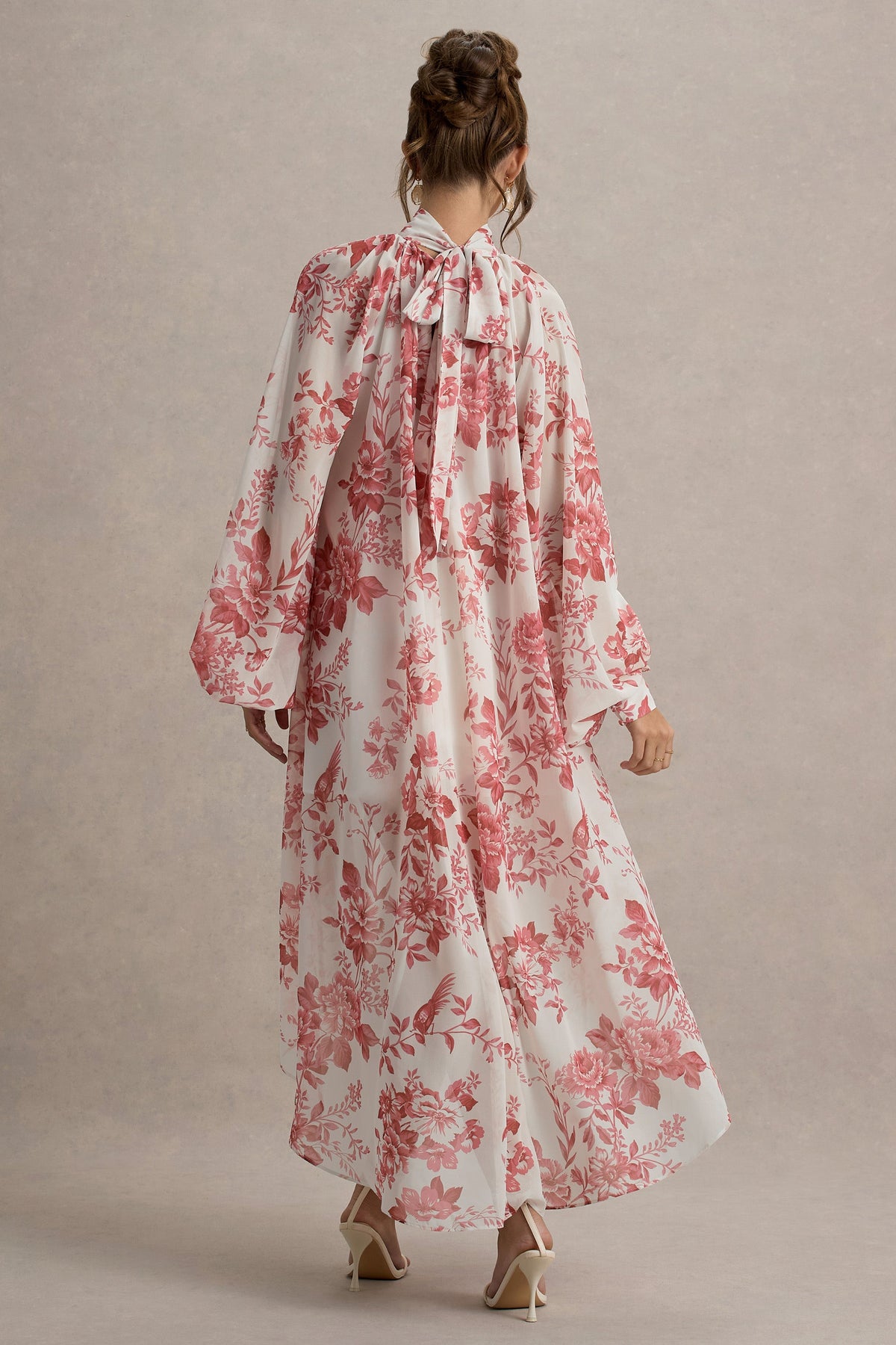 Delphia | Pink Porcelain Print High-Neck Maxi Dress With High-Low Hem