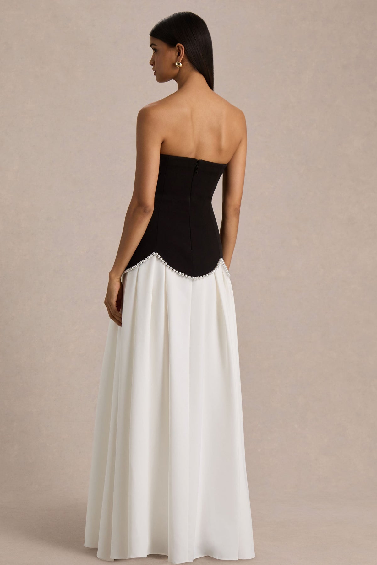 Wendy | Black And White Maxi Dress With Drop-Waist And Pearl Embellishment