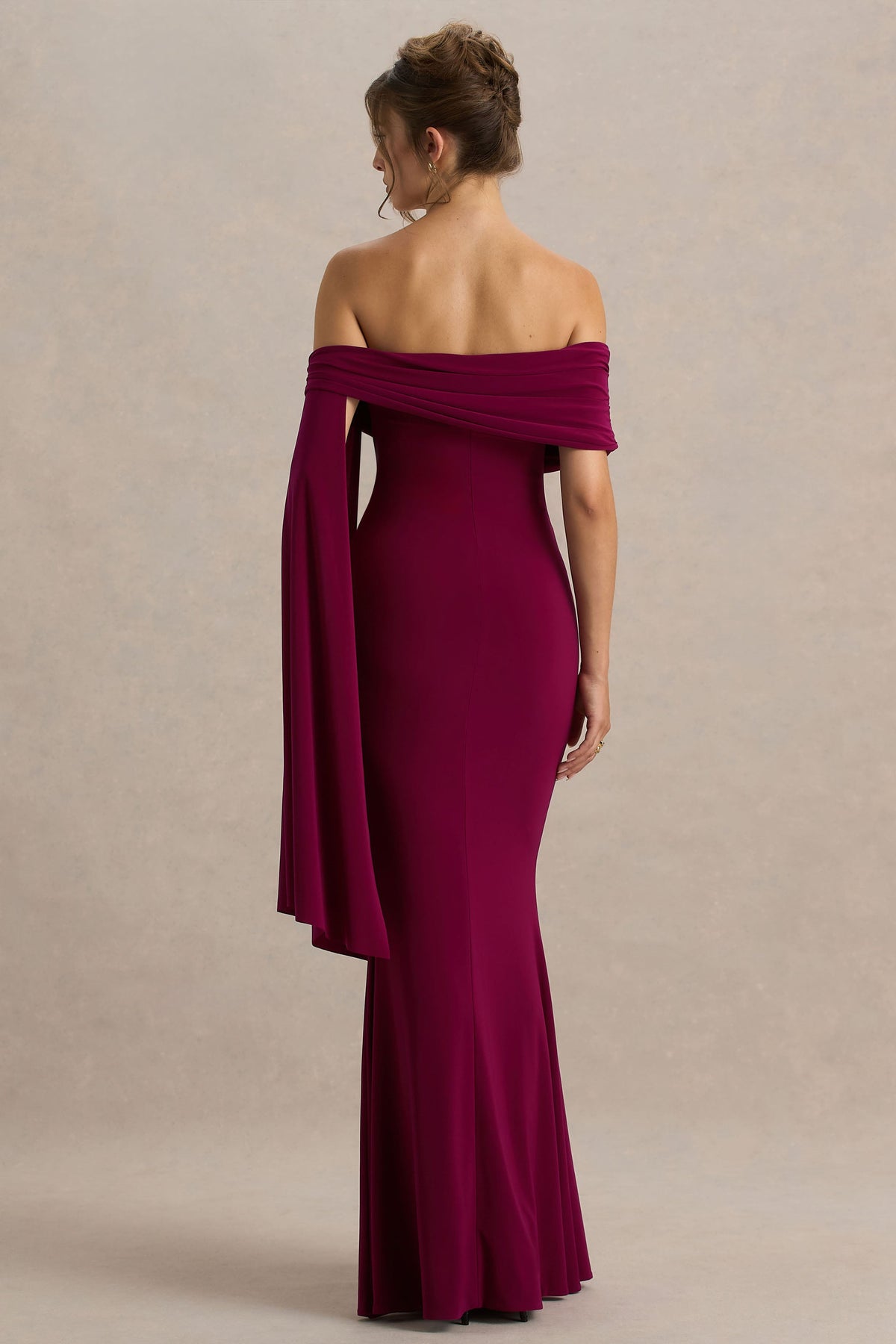 Saffina | Burgundy Bardot-Neck Maxi Dress With Sash Detail