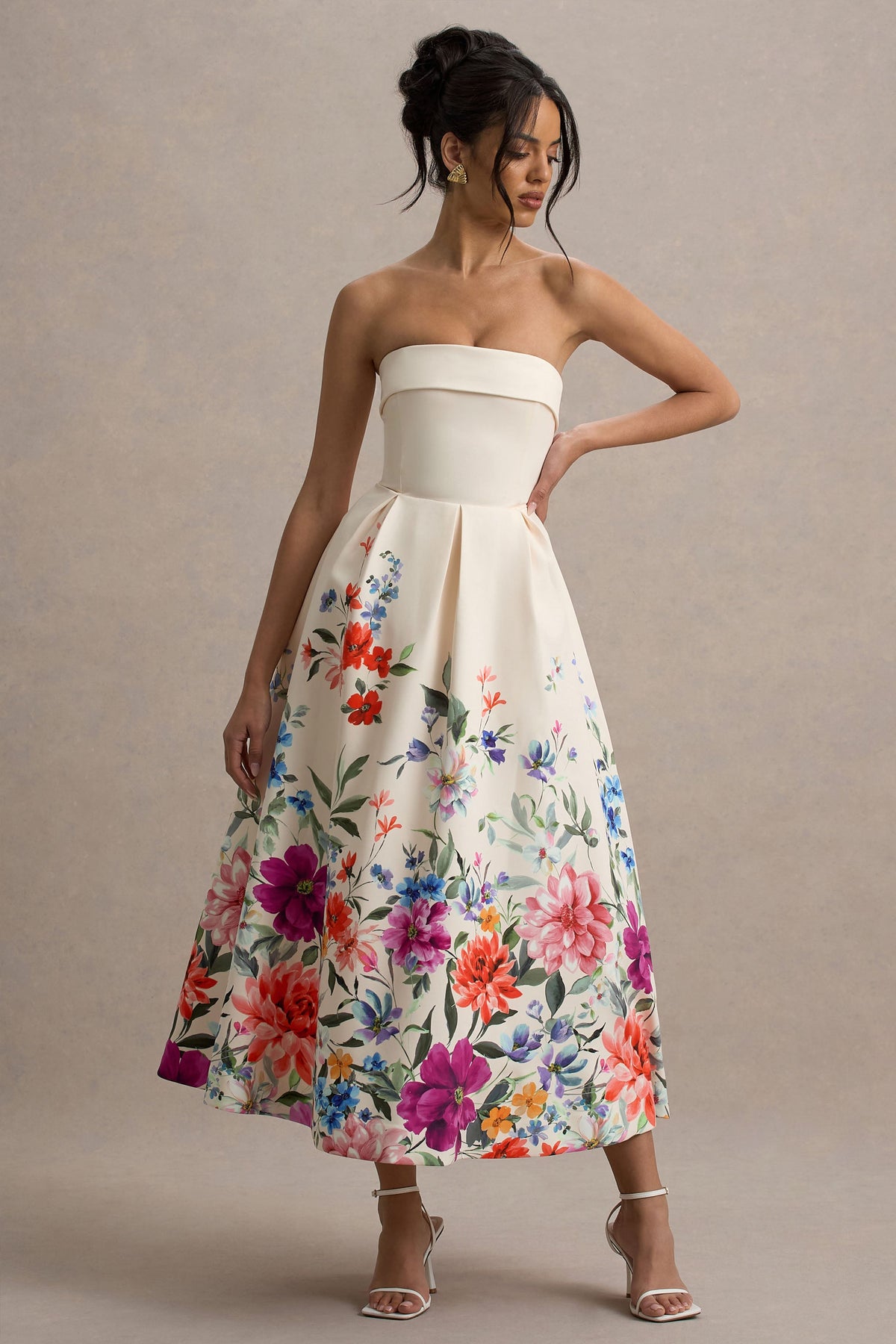 Annalise | Light Pink Floral Print Bandeau Skater Midi Dress