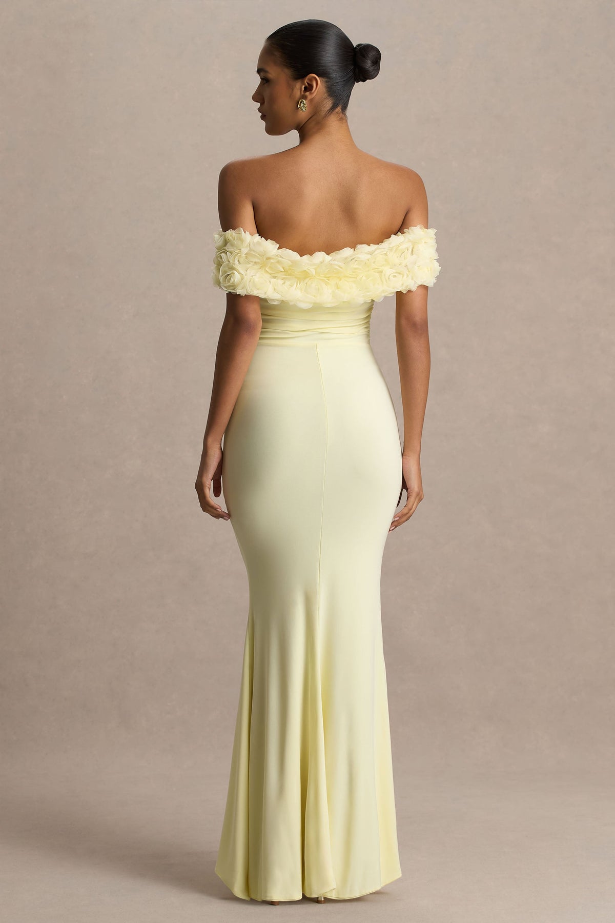 Pastille | Lemon Floral Bardot Maxi Dress With Ruched Detailing