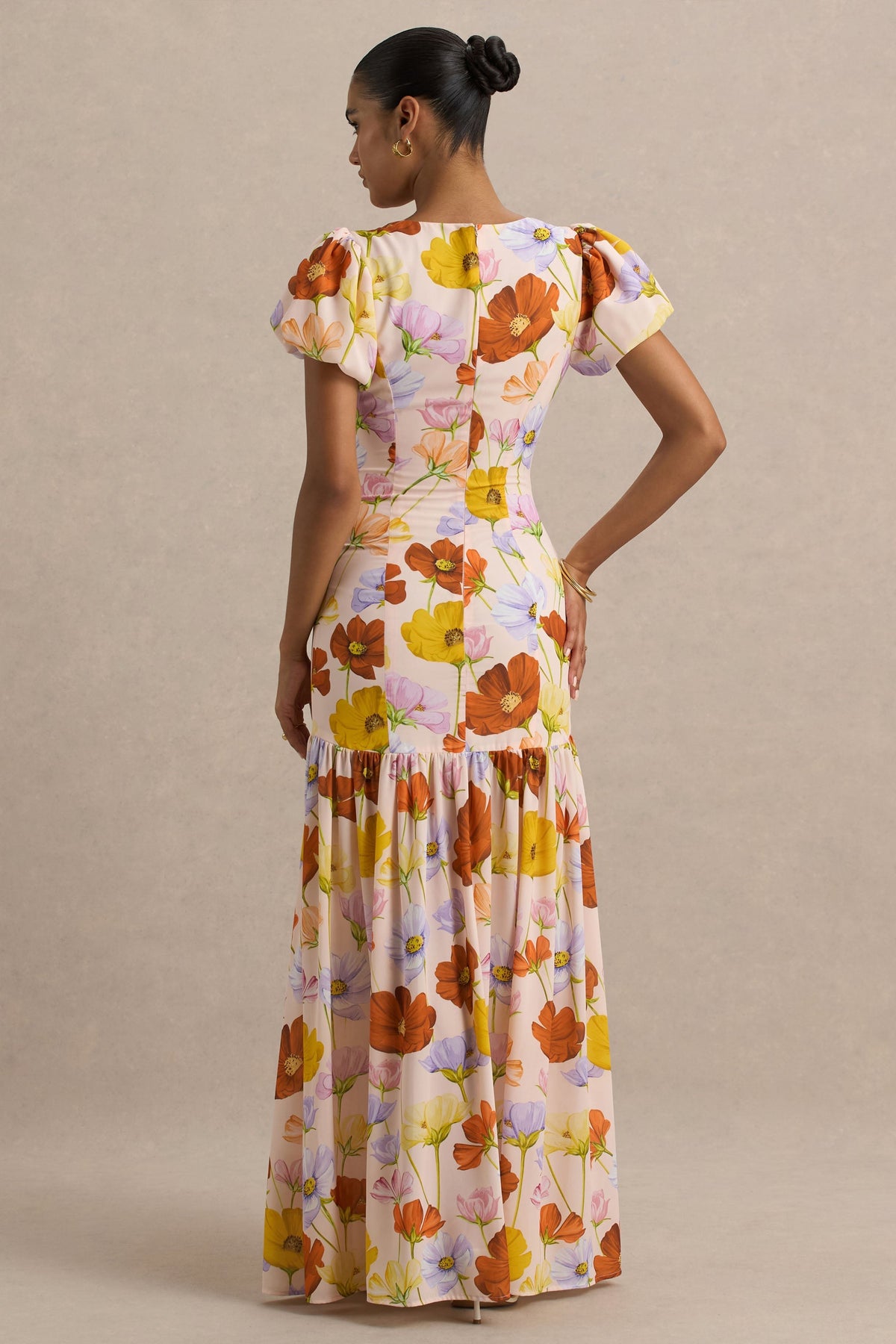 Ginny | Bright Floral Print Puff-Sleeve Split Maxi Dress