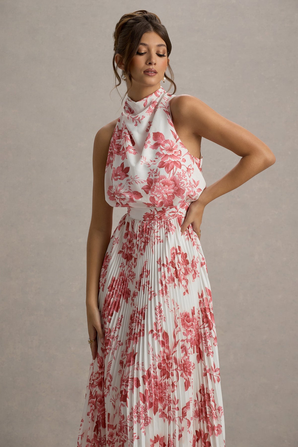 Nila | Pink Porcelain Print Cowl-Neck Midi Dress With Plisse Skirt