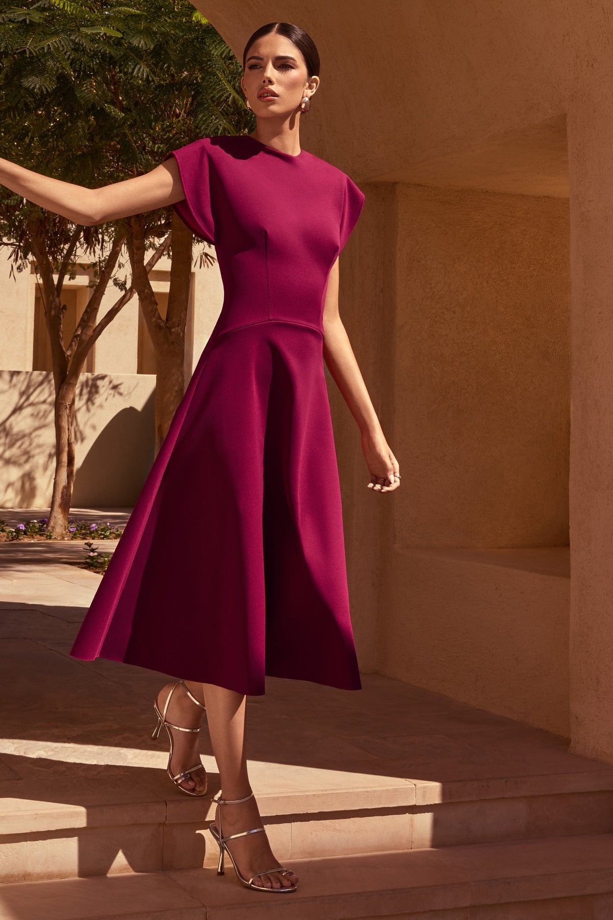 Linda | Dark Cherry Crew-Neck Cap-Sleeve Midi Dress