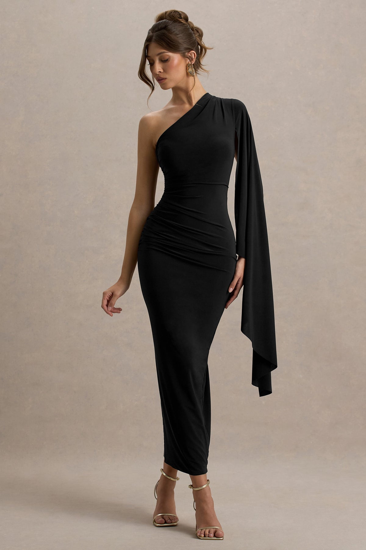 Clementina | Black Asymmetric Cape Sleeve Maxi Dress