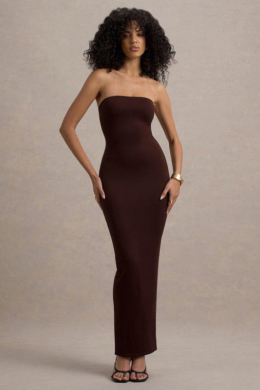 Angelie | Brown Bandeau Bodycon Maxi Dress