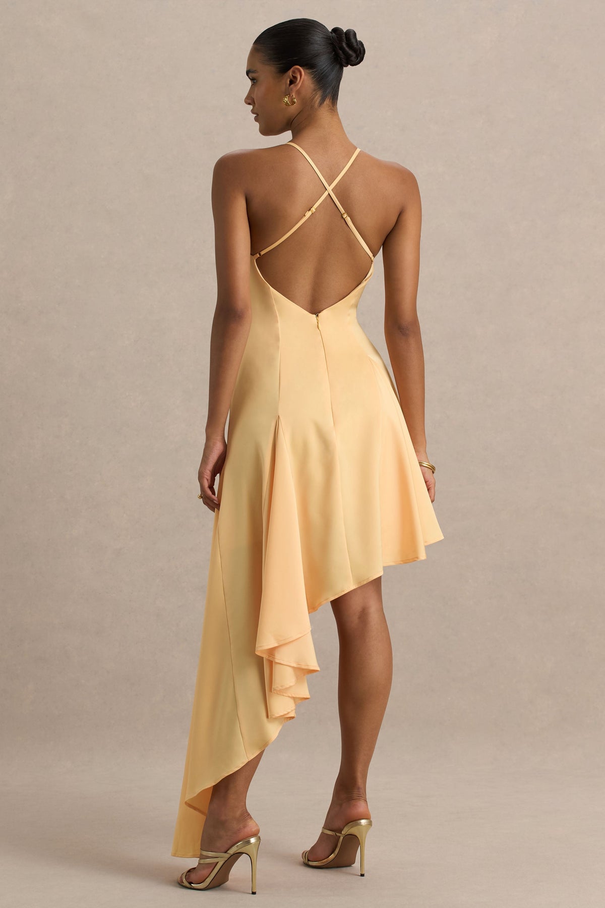 Glint | Peach Satin Plunge-Neck Maxi Dress With Asymmetric Hem
