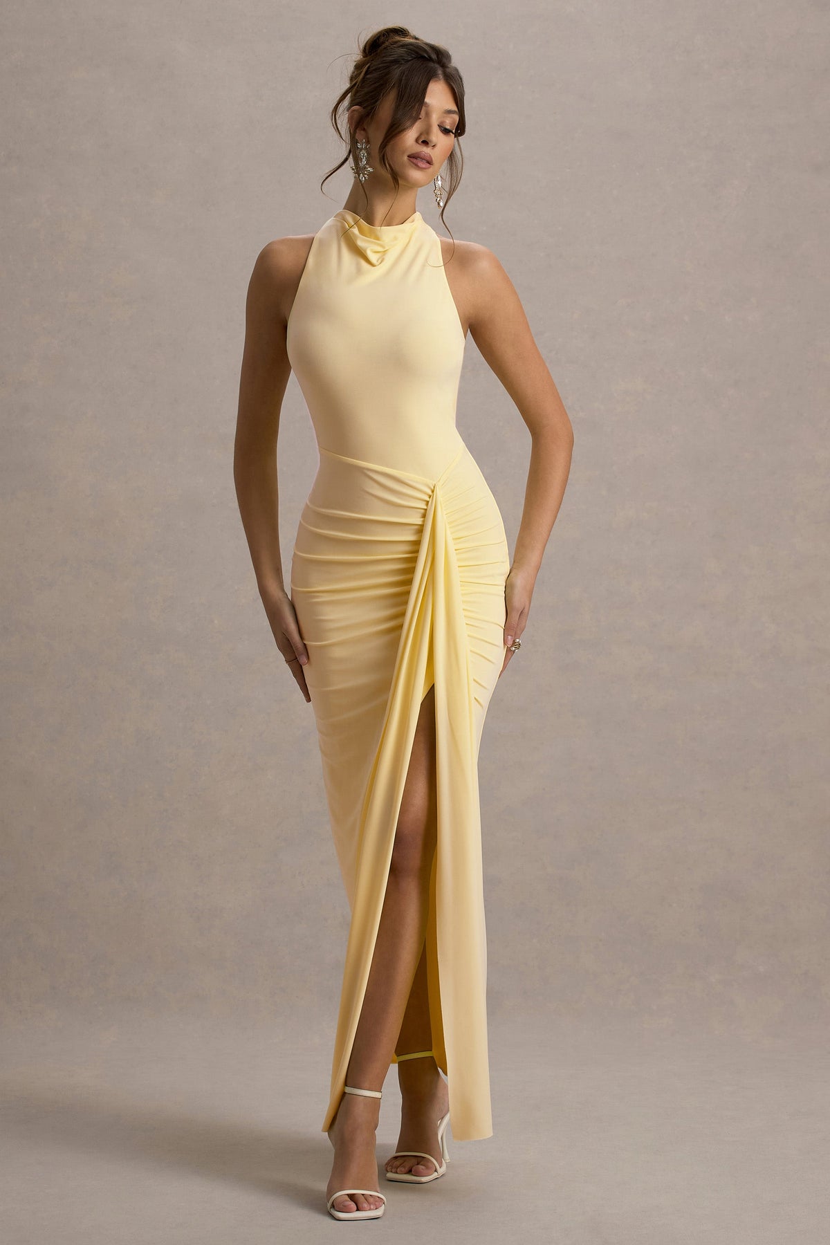 Sunflower | Pale Lemon Jersey Cowl Maxi Dress With Gathered Detailing And Split