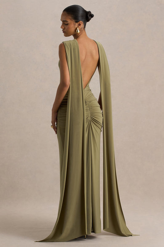Premiere | Olive Boat-Neck Maxi Dress With Cape-Sleeves And Open-Back